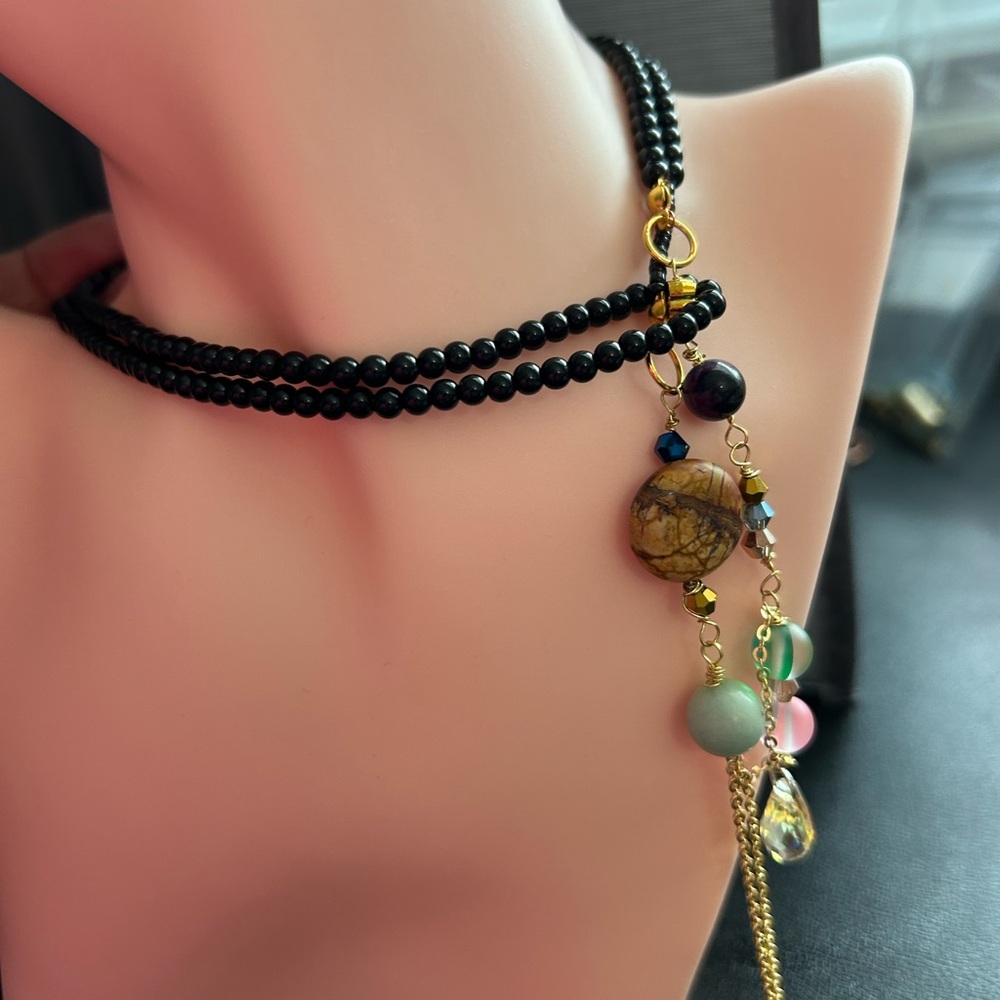 Handmade Black Beaded Multi-forms to use  long Necklace with beads pendant .New